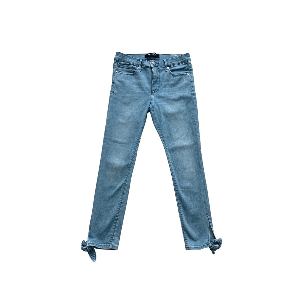 Express Skinny Jeans Light Wash‎ Blue Ankle Tie Knot Detail Mid Rise Denim